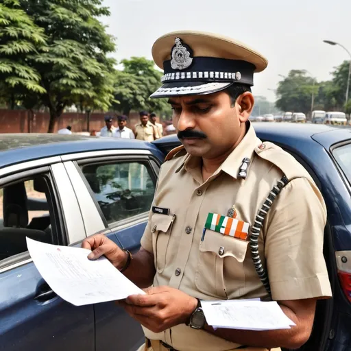 Prompt: Indian police officer reading a letter, this letter is shown to him by a car driver as a legal proof in checking