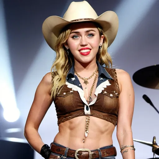 Prompt: Miley Cyrus dressed as a cowgirl 