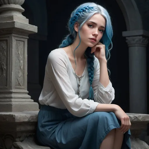 Prompt: "A stunning hyper-realistic illustration of a female character with cascading blue hair, half of it styled in a delicate side braid. She is seated on a stone pedestal, resting her chin on her hands while displaying a playful yet contemplative expression. Her white, long-sleeved top contrasts beautifully with the dark, mysterious background. The dimly lit environment accentuates her features and attire, creating a captivating and enchanting atmosphere. The scene is detailed and lifelike, with meticulous attention to textures and lighting."