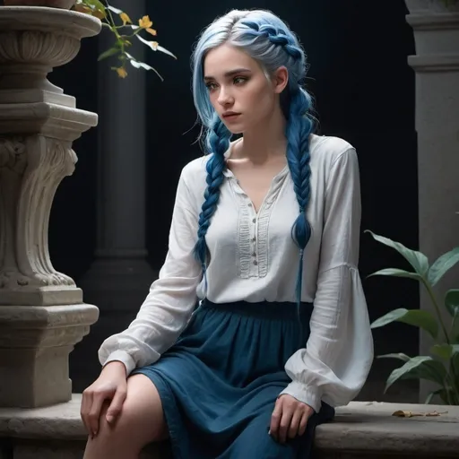 Prompt: "A stunning hyper-realistic illustration of a female character with cascading blue hair, half of it styled in a delicate side braid. She is seated on a stone pedestal, resting her chin on her hands while displaying a playful yet contemplative expression. Her white, long-sleeved top contrasts beautifully with the dark, mysterious background. The dimly lit environment accentuates her features and attire, creating a captivating and enchanting atmosphere. The scene is detailed and lifelike, with meticulous attention to textures and lighting."