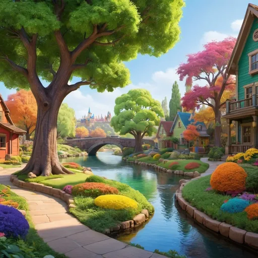 Prompt: Disney pixar green yard with river and colorful tree