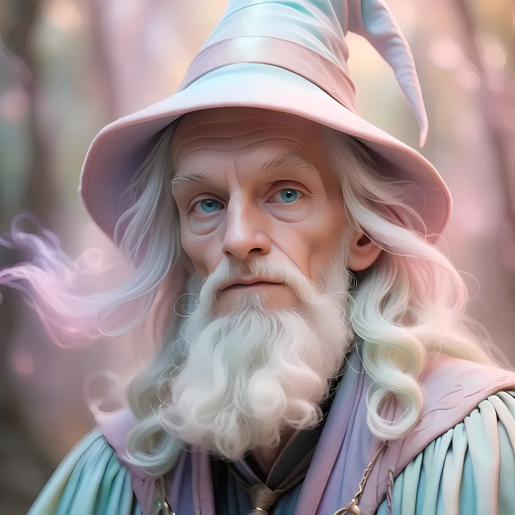 Prompt: Dreamy pastel portrait, wizard, ethereal atmosphere, soft focus