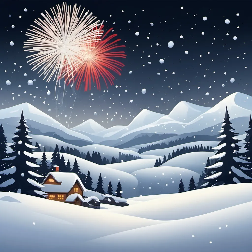 Prompt: a snowy background or a landscape that makes you think of christmas. Also put some fireworks in there