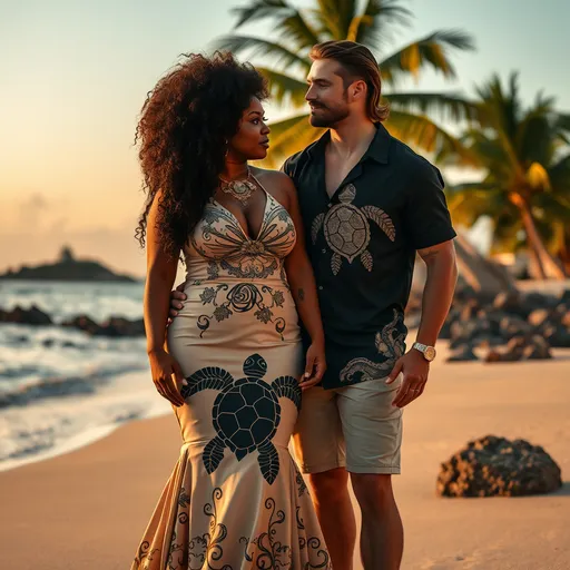 Prompt: (lovers), full body shot, (plus-size black female model) AND (gorgeous white male model), female model has long Afro-textured hair, wears an intricate beige halter mermaid dress featuring a giant black Polynesian sea turtle motif and other intricate Polynesian motifs, male model has long brown wavy hair, muscular, tattoo sleeve, wears an intricate black short-sleeved button-down, featuring a beige Polynesian sea turtle motif on half the shirt. fashion photography ::8 background | a beach at sunset with palm trees, light golden sand, a rocky shoreline, water is calm, part of small island, can be seen, fashion photography ::8 style | elegant so ::7 parameters | soft lighting, golden hour glow, cinematic realism, fashion editorial composition, soft shadows, Vogue-style, inspired by Annie Leibovitz, 8k render ::7 --s 900