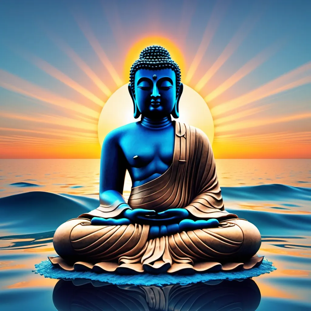 Prompt: a buddha statue sitting in the middle of the ocean with the sun setting behind it and a blue sky, Aya Goda, psychedelic art, tranquil, a statue