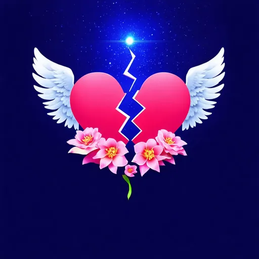 Prompt: Beautiful 2d logo of two hearts broken. Decoration with angelic wings and celestial sky. Shape of two lovers in the background. Illustration of flowers at the bottom.