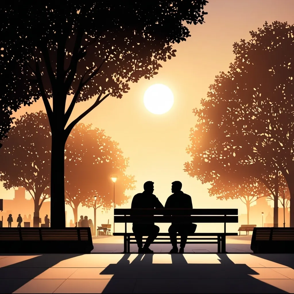 Prompt: Urban park illustration with silhouette of men talking, bench with coffee table, morning scene, detailed shadows, warm and cozy lighting, high quality, digital illustration, romantic atmosphere, urban setting, detailed background, dusk lighting, professional, atmospheric lighting