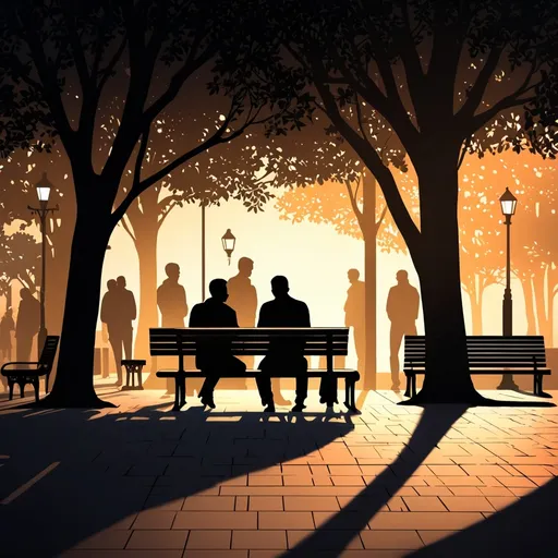 Prompt: Urban park illustration with silhouette of men talking, bench with coffee table, morning scene, detailed shadows, warm and cozy lighting, high quality, digital illustration, romantic atmosphere, urban setting, detailed background, dusk lighting, professional, atmospheric lighting