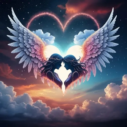 Prompt: Beautiful 2d logo of two hearts broken. Decoration with angelic wings and celestial sky. Shape of a couple in the background.