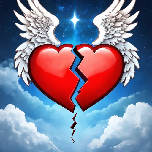 Prompt: Beautiful 2d illustrated logo of two hearts broken. Decoration with angelic wings and celestial sky. Shape of two lovers in the background.