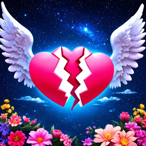 Prompt: Beautiful 2d logo of two hearts broken. Decoration with angelic wings and celestial sky. Shape of two lovers in the background. Illustration of flowers at the bottom.