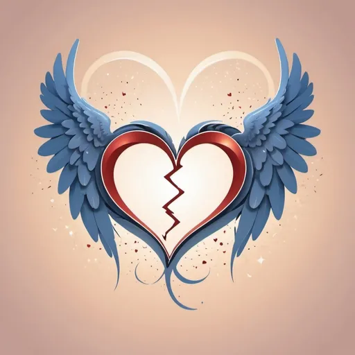 Prompt: Beautiful 2d logo of two hearts broken. Decoration with angelic wings and celestial sky. Shape of a man and woman lovers in the background.