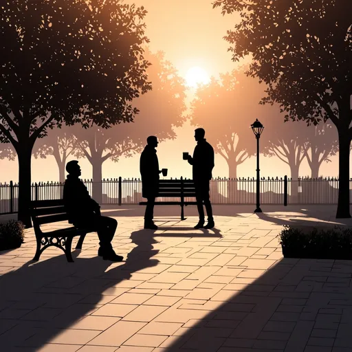 Prompt: Urban park illustration with silhouette of men talking, bench with coffee table, morning scene, detailed shadows, warm and cozy lighting, high quality, digital illustration, romantic atmosphere, urban setting, detailed background, dusk lighting, professional, atmospheric lighting