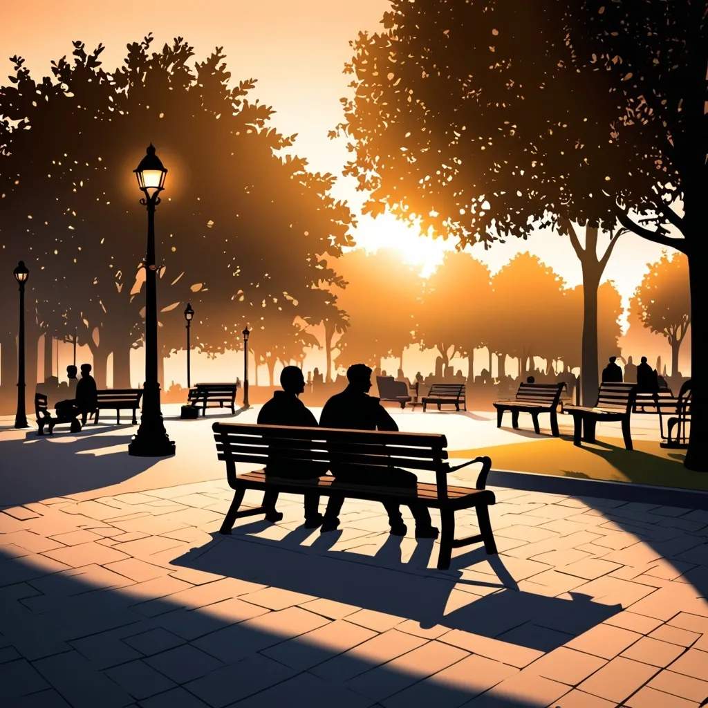 Prompt: Urban park illustration with silhouette of men talking, bench with coffee table, morning scene, detailed shadows, warm and cozy lighting, high quality, digital illustration, romantic atmosphere, urban setting, detailed background, dusk lighting, professional, atmospheric lighting