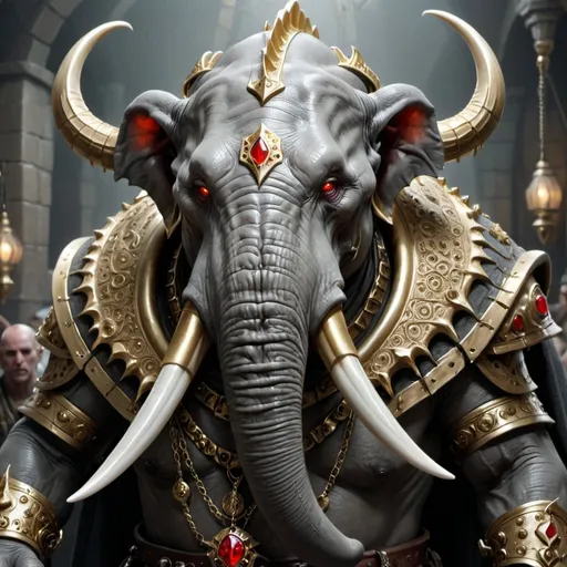 Prompt: Hyper realistic Loxodon character, DnD, evil warlock, looks like Xerxes, integrated Gold Jewelry, many facial piercings, very long tusks, red eyes