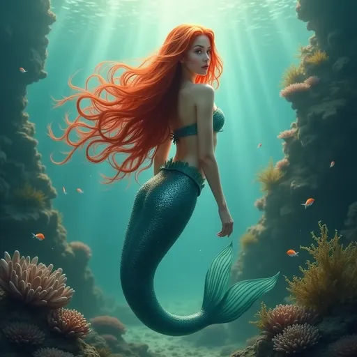 Prompt: (adult mermaid), (vibrant red hair), ethereal underwater scene, shimmering scales reflecting sunlight, soft blue and green hues, coral reefs and exotic fish in the background, tranquil and mystical atmosphere, flowing hair and serene expression, surrounded by softly swaying seaweed, high detail and quality, (4K) resolution, romantic ambiance.