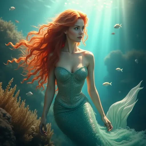 Prompt: (adult mermaid), (vibrant red hair), ethereal underwater scene, shimmering scales reflecting sunlight, soft blue and green hues, coral reefs and exotic fish in the background, tranquil and mystical atmosphere, flowing hair and serene expression, surrounded by softly swaying seaweed, high detail and quality, (4K) resolution, romantic ambiance.