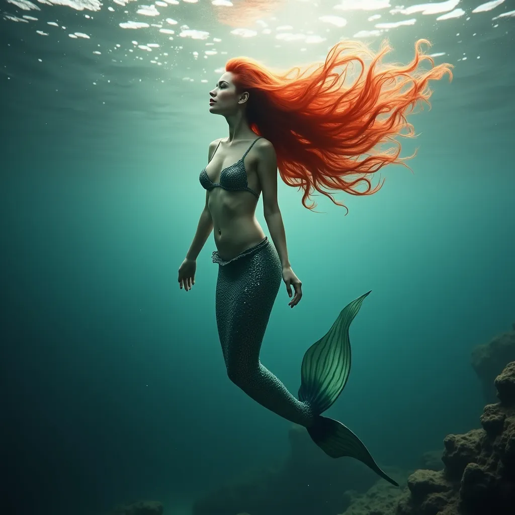 Prompt: adult, mermaid, , red hair, underwater