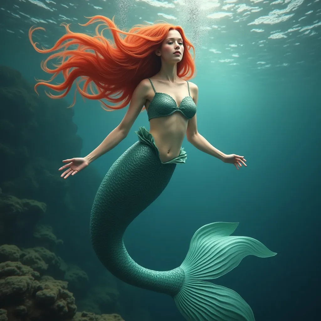 Prompt: adult, mermaid, , red hair, underwater