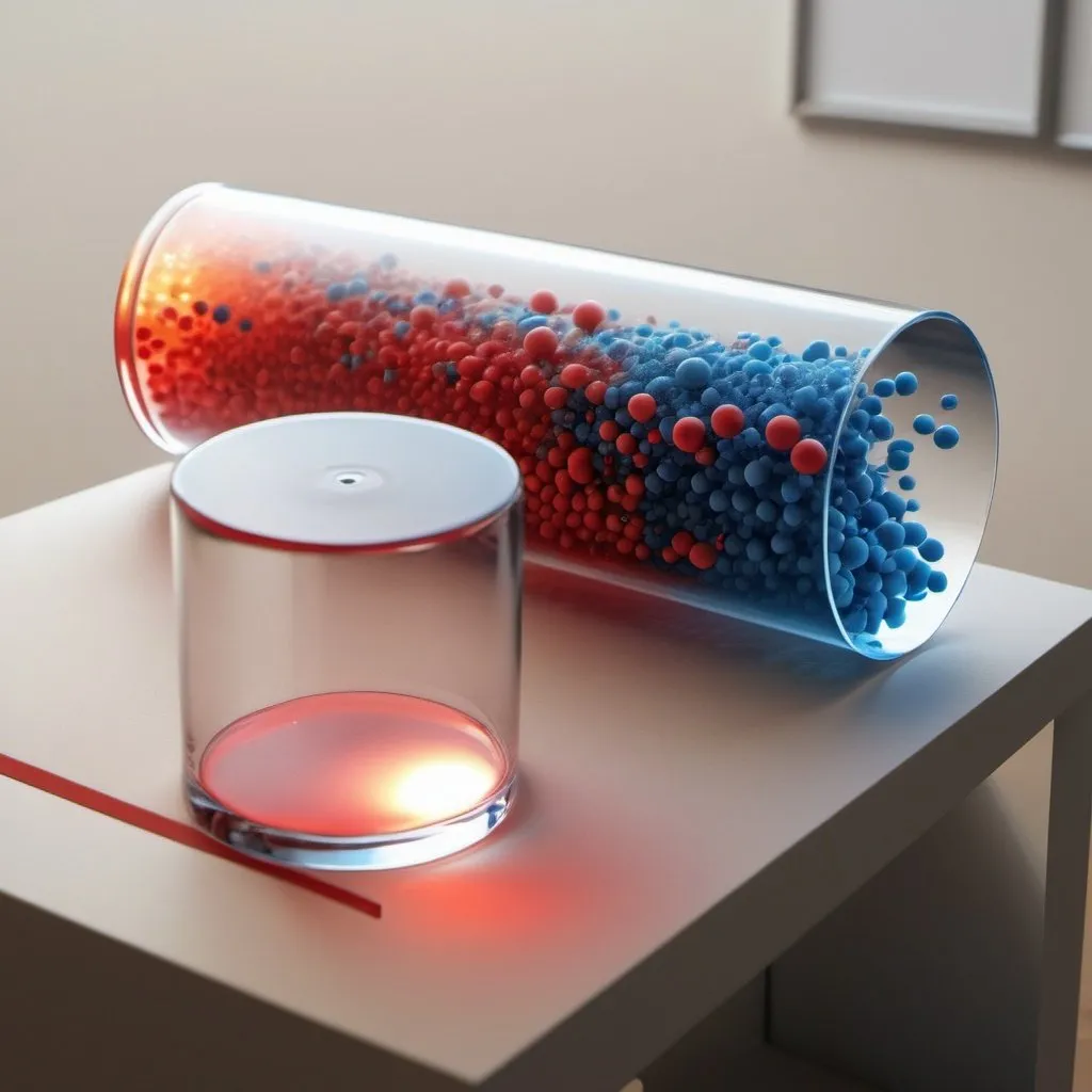 Prompt: make a realistic transparent cylinder filled with sphere particles. 
The bottomn side of the cylinder is colored blue, indicating a high temperature.
The top side of it is colored red, indicating a low temperature.
A gradient of colors between red and blue to show the transition in temperature. just imagine a L-i batteies , something similar which represent heat battery

do not use any background 

