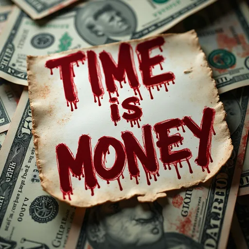 Prompt: "time is money" writing on a pile of cash stained with blood 