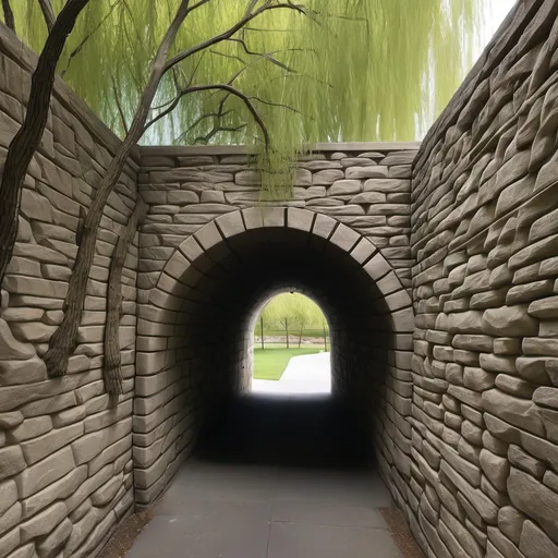 Prompt: An aerial tunnel with a stone wall on the left and willow branches on the right.