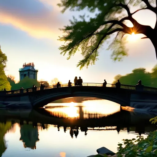 Prompt: (friends silhouette), morning golden hour, Bow Bridge, Central Park, beautiful soft light, tranquil atmosphere, serene scene, warm tones, wide-angle perspective, lush greenery in the background, soft reflections on water, 4K ultra-detailed, peaceful vibes, nature's embrace, romantic setting, softly blurred edges, inviting warmth.