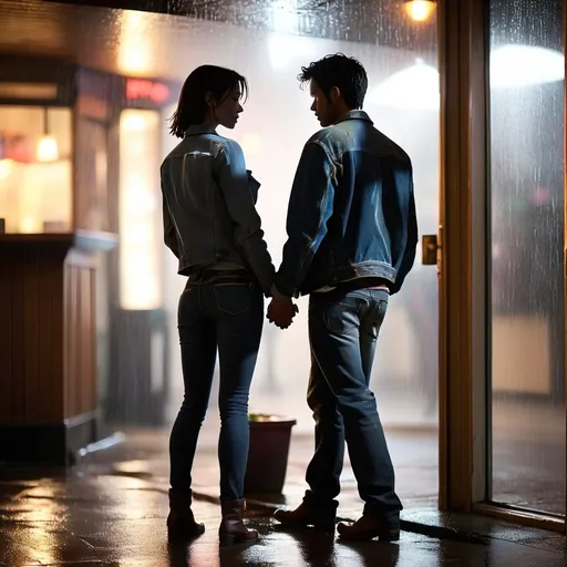 Prompt: (silhouette of a couple near apartment door, male jacket and jean, female shirt and jeans), wide angle, (dim light), body outline, drizzling rain, night ambiance, shadowy building scene framing outside crowded a bar, subtle reflections in the pavement, mood, (moody colors), ultra-detailed, atmospheric depth, cozy setting, mysterious vibe.