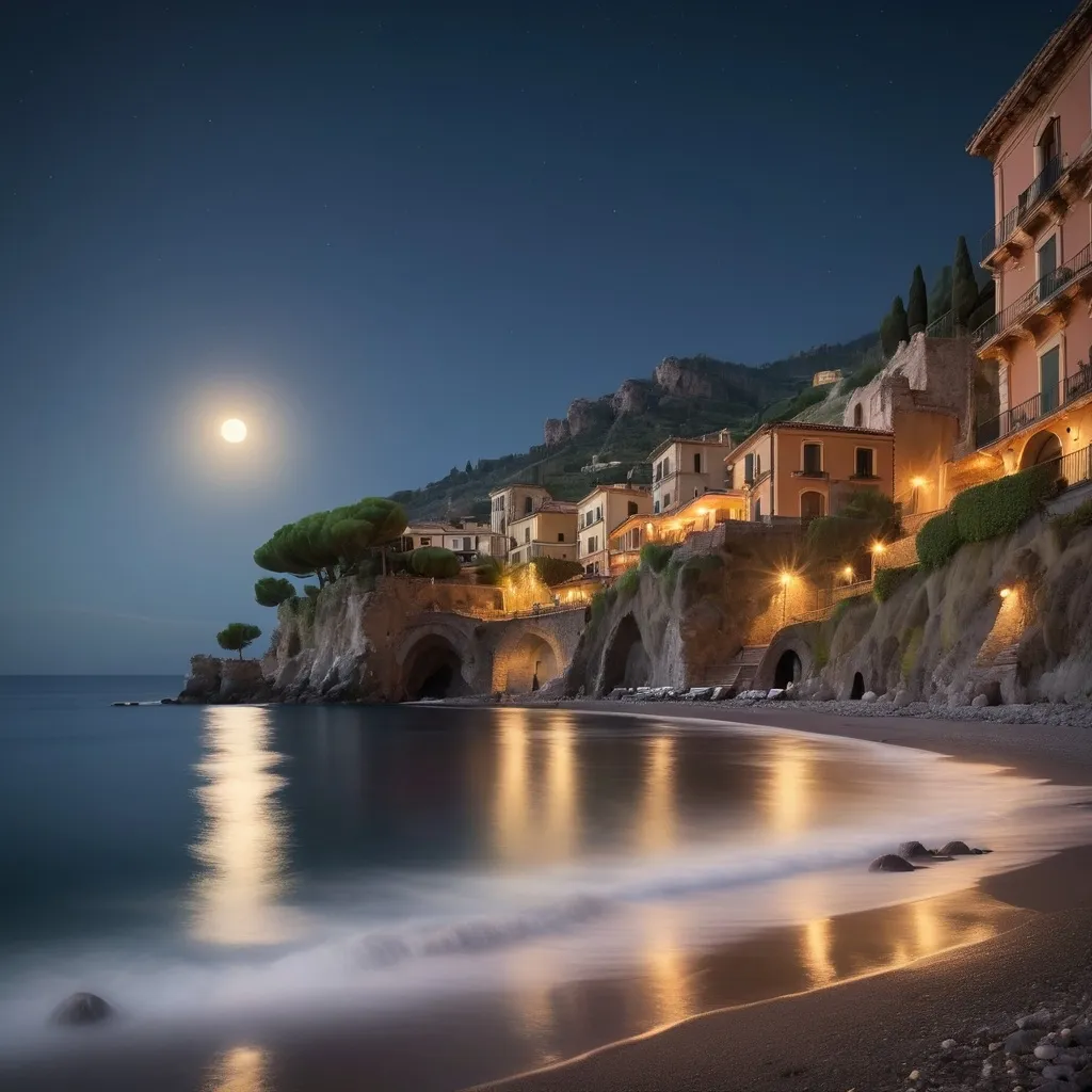 Prompt: Sicilian shore view, (Taormina), dark tones, (calm atmosphere), (peaceful scene), gently lapping waves, moonlight reflecting on water, lush cliffs in the background, serene night, rich textures, softly blurred edges, high detail, (4K), tranquil ambiance, soft contrasts, minimalist composition, picturesque shoreline, understated beauty, enchanting night sky.