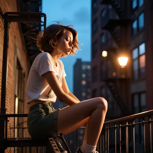 Prompt: Silhouette of slender women 28 age sitting on a (12th floor fire escape staircase, staircase with railing), bob hair, (shorts), (loose tee shirt white), (partly transparent), (smoking a cigarette, smoke), (September cold night), (New York background), (dark atmosphere), muted colors, urban setting, chilly vibe, semi dark lighting, high detail, cinematic quality, ultra-detailed, wide angle composition.