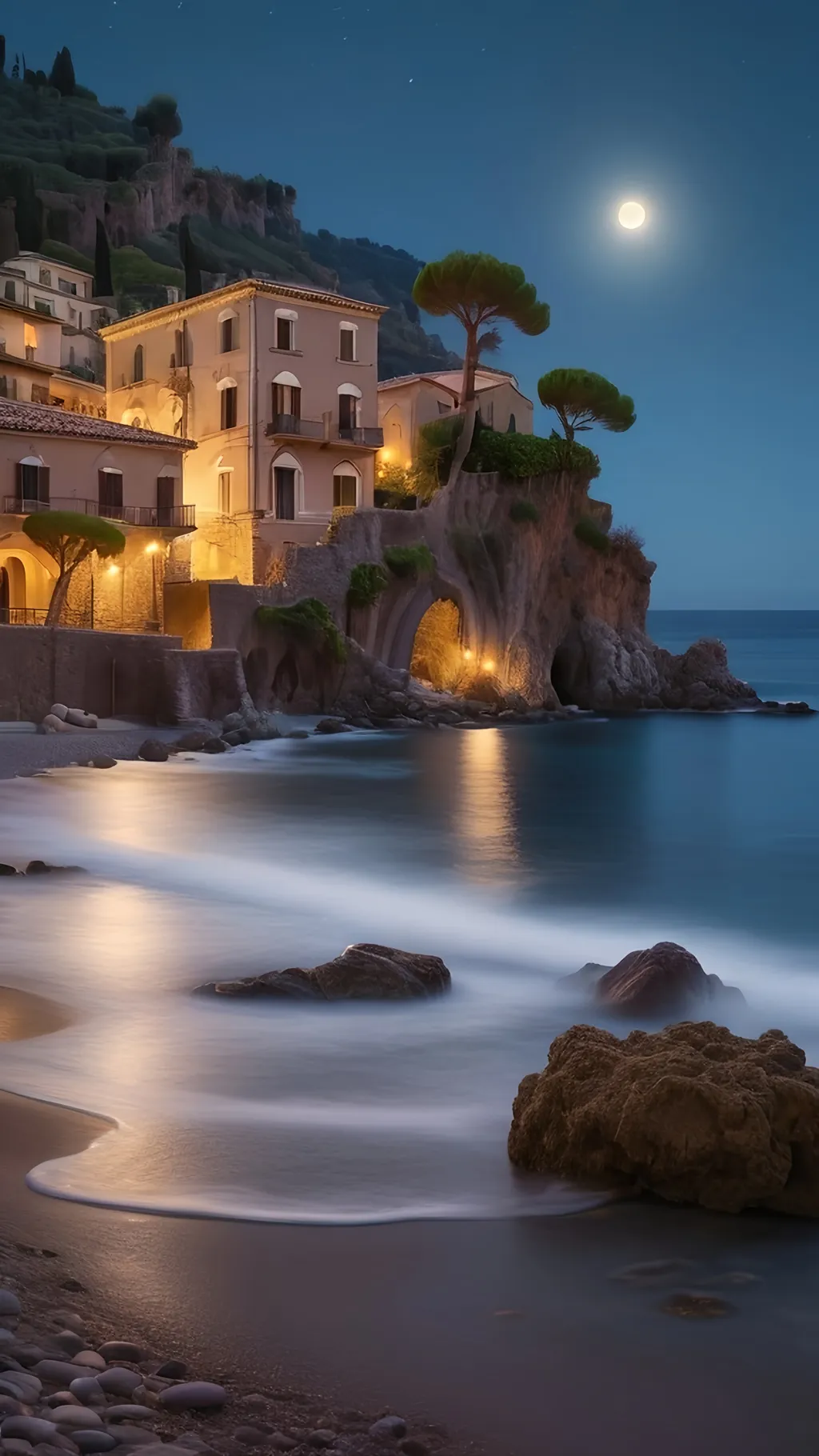 Prompt: Sicilian shore view, (Taormina), dark tones, (calm atmosphere), (peaceful scene), gently lapping waves, moonlight reflecting on water, lush cliffs in the background, serene night, rich textures, softly blurred edges, high detail, (4K), tranquil ambiance, soft contrasts, minimalist composition, picturesque shoreline, understated beauty, enchanting night sky.