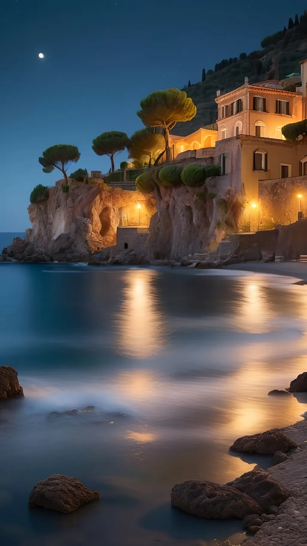 Prompt: Sicilian shore view, (Taormina), dark tones, (calm atmosphere), (peaceful scene), gently lapping waves, moonlight reflecting on water, lush cliffs in the background, serene night, rich textures, softly blurred edges, high detail, (4K), tranquil ambiance, soft contrasts, minimalist composition, picturesque shoreline, understated beauty, enchanting night sky.