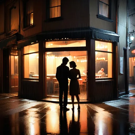 Prompt: (silhouette of a couple near apartment door), wide angle, (dim light), body outline, gentle drizzling rain, night ambiance, shadowy building scene framing above a bar, subtle reflections in the pavement, mood, (moody colors), ultra-detailed, atmospheric depth, cozy setting, mysterious vibe.