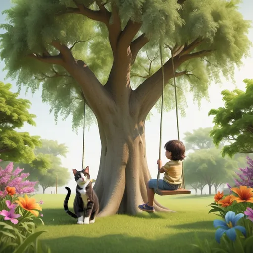 Prompt: Create an image of two children playing under a large tree. One child is swinging while the other is climbing on the tree. On the other side, show a cat and a dog sitting together peacefully, surrounded by lush green grass and colorful flowers."