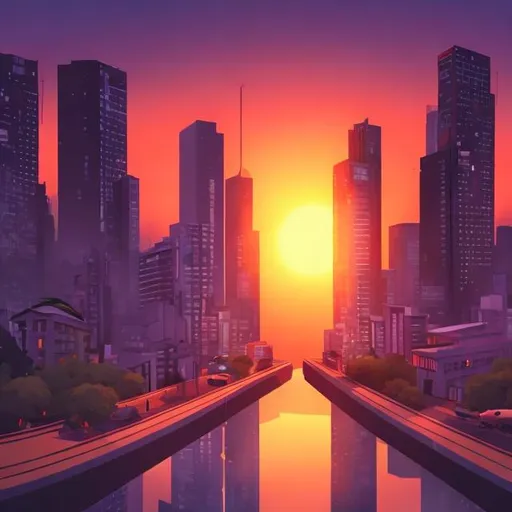 Prompt: Sunset in a city
