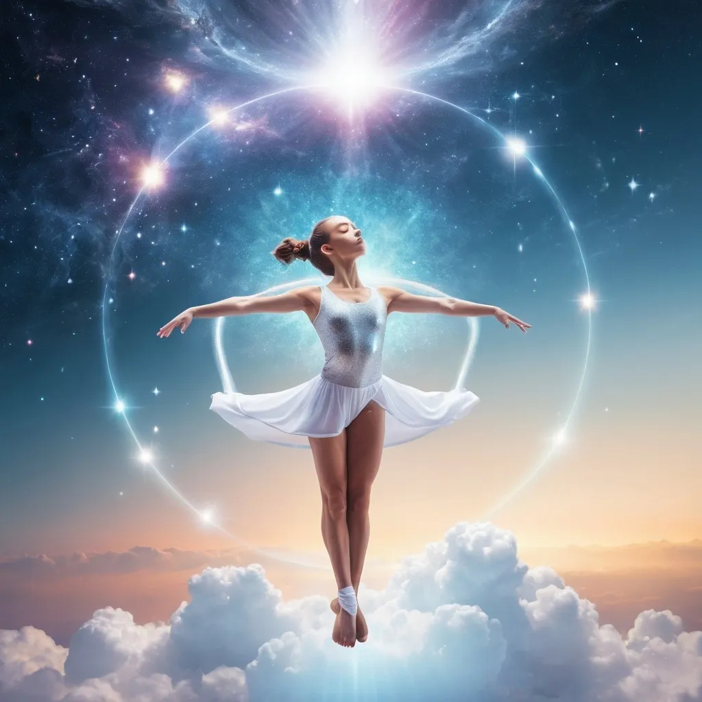 Prompt: gymnastic girl levitating in heaven, white galactic gymnast, astral, shining her body