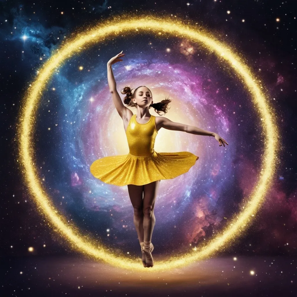 Prompt: gymnastic girl levitating in galaxy, yellow sparkling galactic gymnast