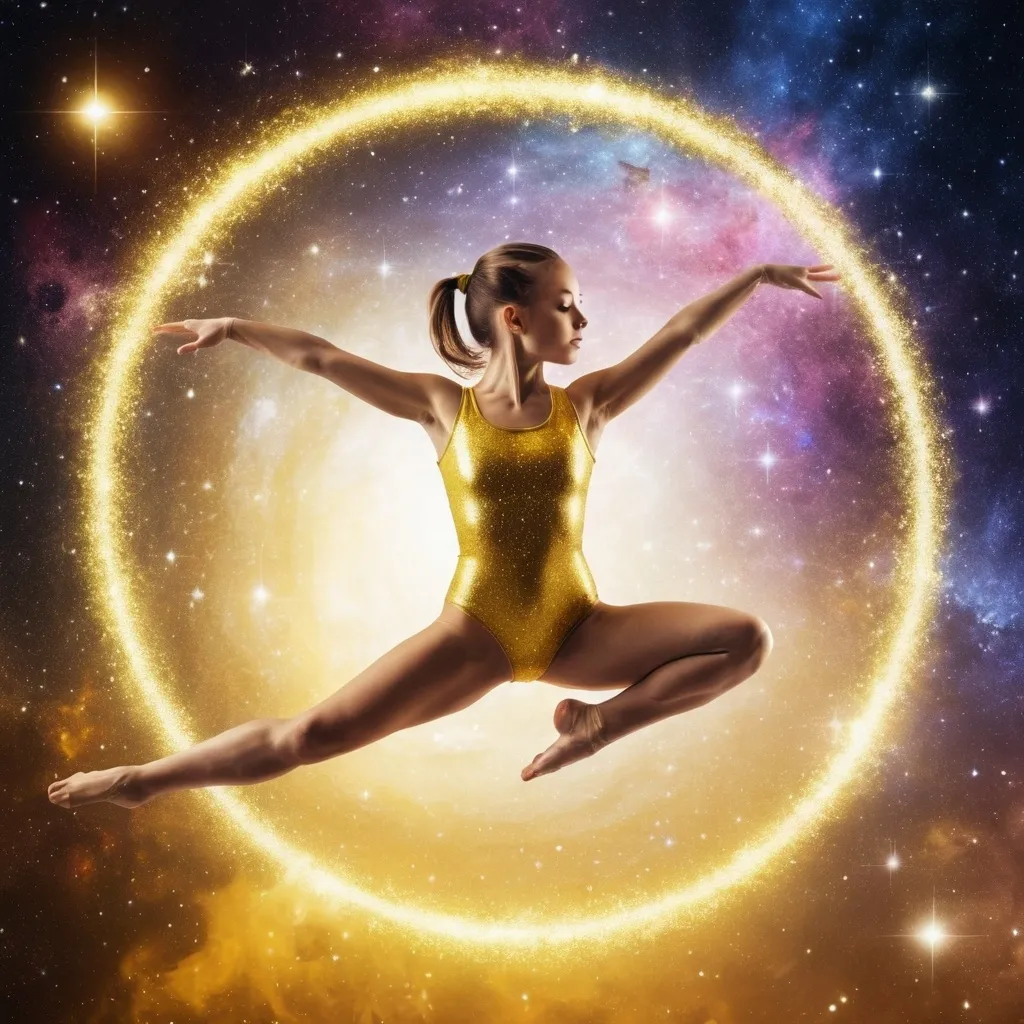 Prompt: gymnastic girl levitating in galaxy, yellow sparkling galactic gymnast