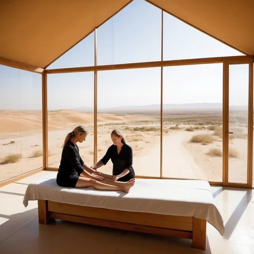 Prompt: Create a serene and captivating scene of a reflexology treatment taking place inside a glass house in the southern desert of Israel. The glass house provides a panoramic view of the golden sand dunes and the vast expanse of the Negev Desert. Inside, a therapist and and patiant wearing white clothes is gently applying pressure to a patient's feet, both seated comfortably. The interior should be minimalist and tranquil, with natural elements and soft, warm lighting enhancing the peaceful ambiance. Through the clear glass walls, include the breathtaking desert landscape with distant mountains and a clear blue sky, emphasizing the harmonious connection between the indoor sanctuary and the stunning outdoor environment.