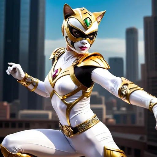 Prompt: The female power ranger, the wild cat, is wearing a tight white costume. Her belt has a cat's head on her helmet, a cat and fangs on her arm, and there is a large gold bracelet. 