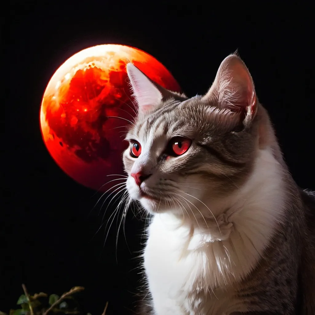 Prompt: cat looking at red moon