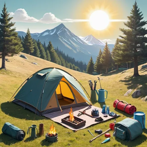 Prompt: drawn tent on a sunny hill, with camping tools all around
