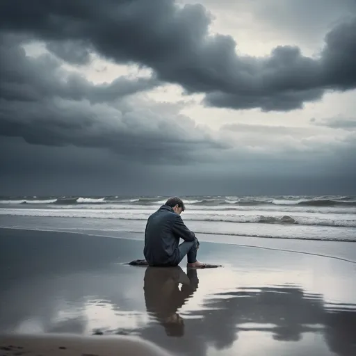 Prompt: A sad man sitting in the sea side because he losse 
