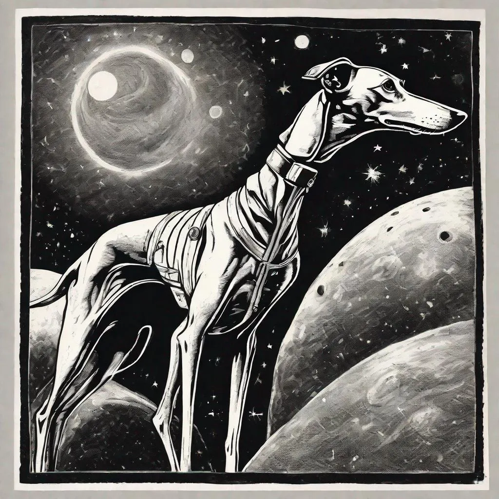 Prompt: Galgo espagnol as Astronaut in Space black and white only Lino print