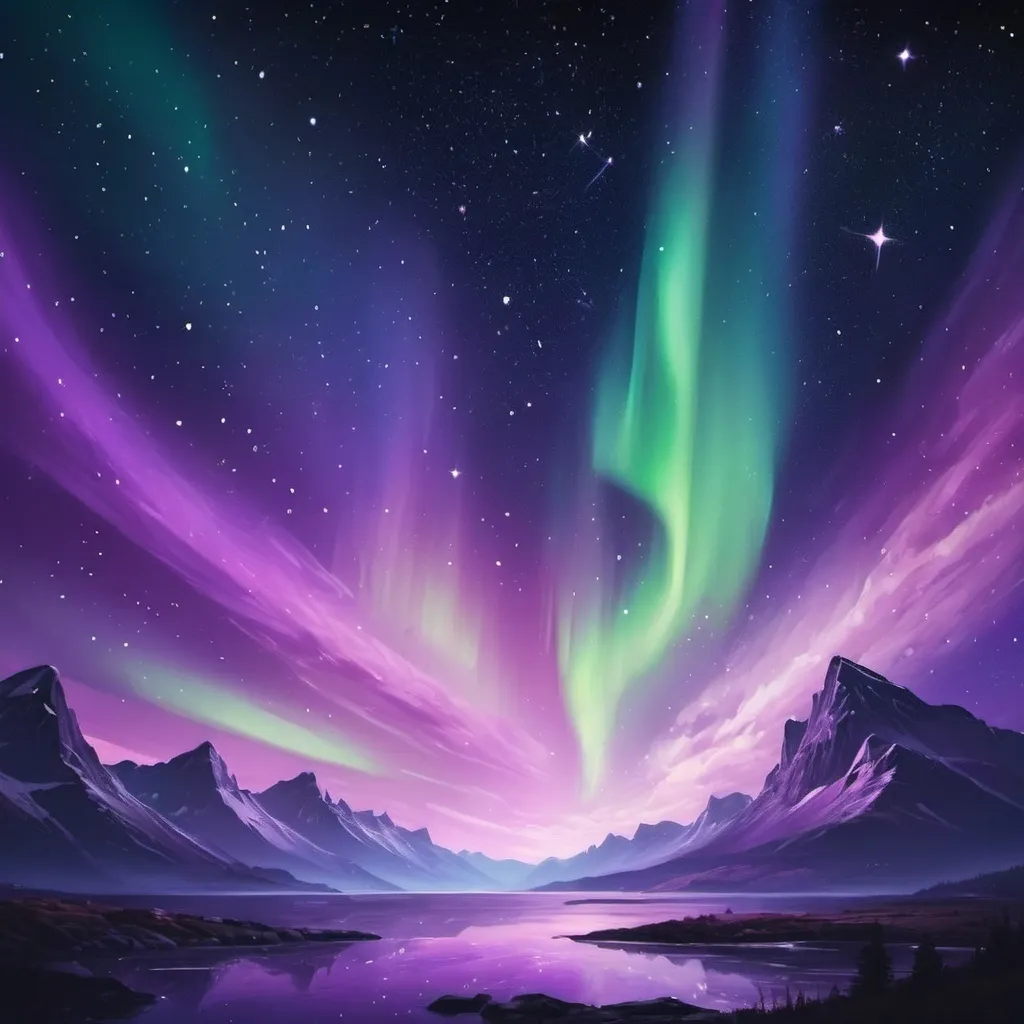 Prompt: Night sky with stars and aurora borealis purple