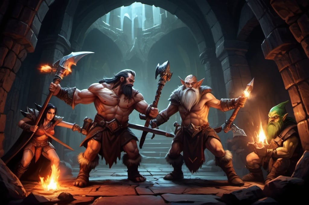 Prompt: dark dungeon lighted by torchs with a male barbarian with sword, male dwarf with axe, woman elf with bow and a male wizard. They are fighting against goblins 