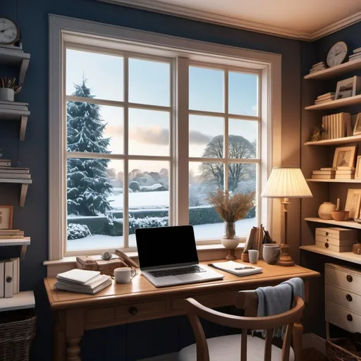 Prompt: create a background for zoom that depicts a home office with a window in england during winter.
