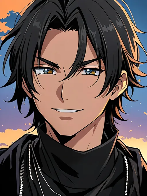 Prompt: A detailed anime-style digital illustration of a young man with medium-length messy black hair, slightly covering one eye. He has a charming and confident smile, with soft facial features and well-defined jawline. His eyes are expressive, resembling a character from a modern shonen manga. He wears a black outfit with a loose collar and a slightly visible mask under his chin. The background is softly blurred, keeping focus on his face. The lighting is warm and slightly cinematic, enhancing the anime aesthetic. The shading is cel-shaded with smooth gradients, giving it a polished yet authentic 2D anime look.