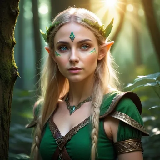 Prompt: Elf ranger in a mystical forest, sunlight filtering through the trees, high quality, mystical, fantasy, detailed facial features, ethereal, nature-inspired, vibrant colors, soft lighting, magical atmosphere