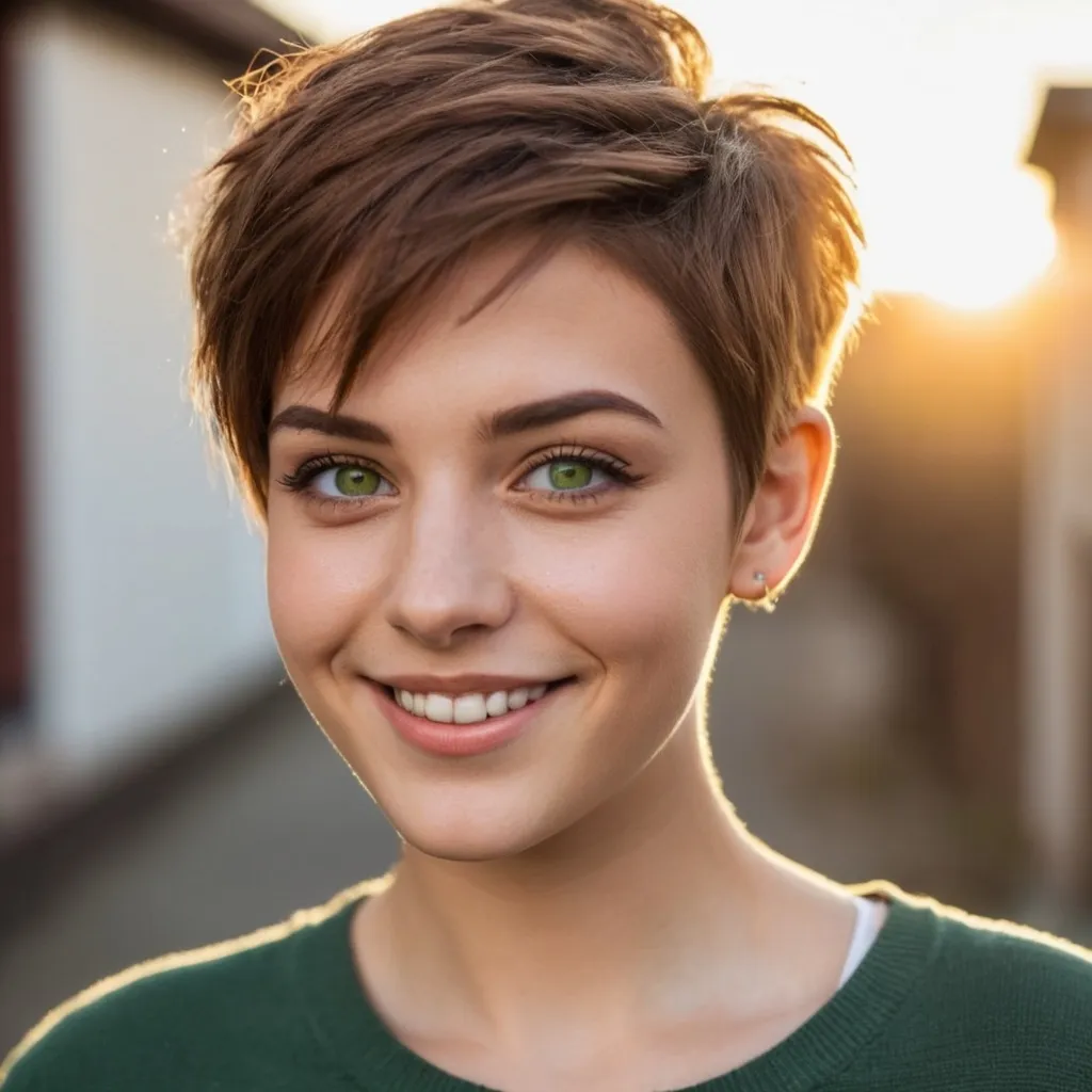 Prompt: atractive girl with pixie cut with undercut, green eyes, brown hair, smiling, golden hour atmospere